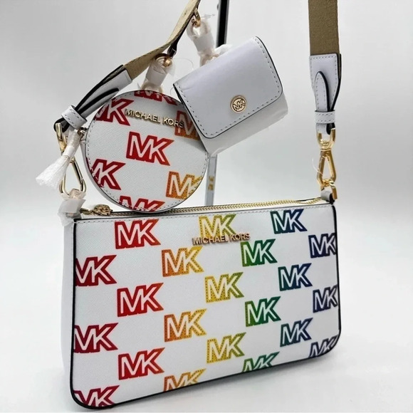 Michael Kors Jet Set Price Medium Crossbody W Tech Accessories Rainbow MK Logo - Picture 1 of 12